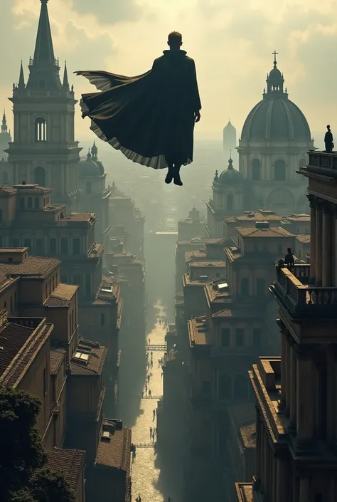 A man flying over a city that generates a shadow of uncertainty in the old Rome, Piranesi style