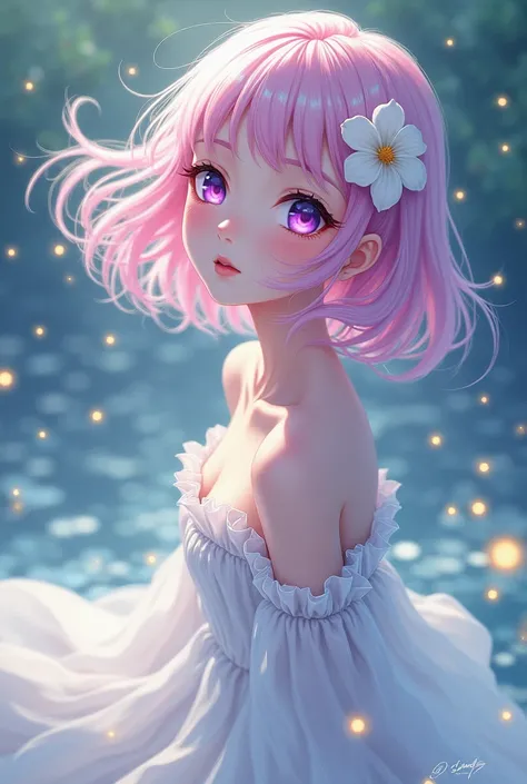 Anime girl purple eyes light pink hair with light green highlights wearing a white flowy dress surrounded by fireflies intricate details