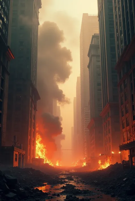 Apocalyptic scene, city on chaos, fire, smoke, almost symmetrical, exclude humans and people and silhouette and shadowy figures