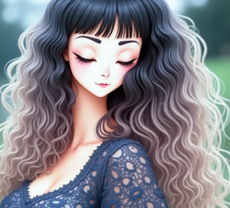 there is a woman, Lady Venus with long hair and a black top, big flowing hair, big hair, flowing massive hair, long brown puffy curly hair, long wild black curly hair, hair blackbangs hair, black long curly hair, long curly black hair, long fluffy hair, wa...