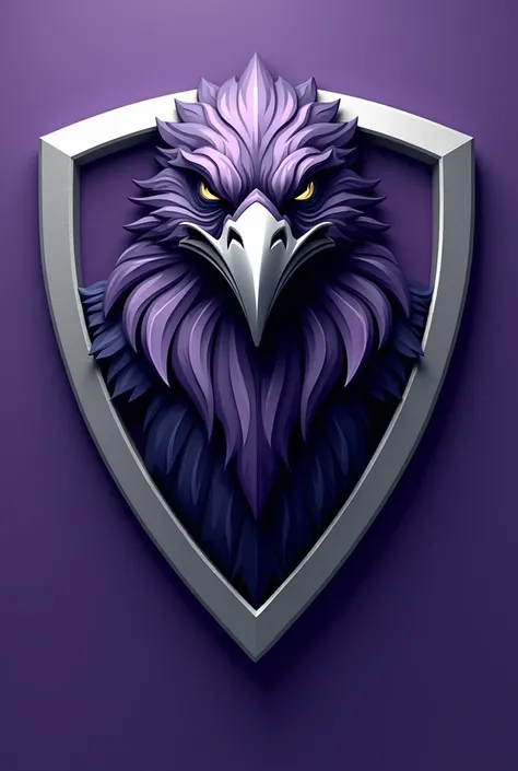 generate a 3D sports raven mascot logo shield in shiny silver and purple color