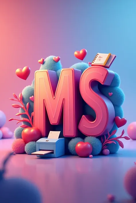 A pink logo , with vibrant colors with the initials MS in 3D, with a drawing of a printer, notebook and very happy hearts.  Pixar animation style