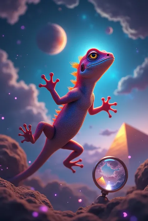 Lézard dans l’espace avec la planète derrière et une loupe et une pyramide dans le fond