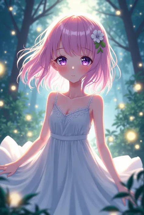 Anime girl purple eyes light pink hair with light green hair highlights wearing a white flowy dress surrounded by fireflies intricate details