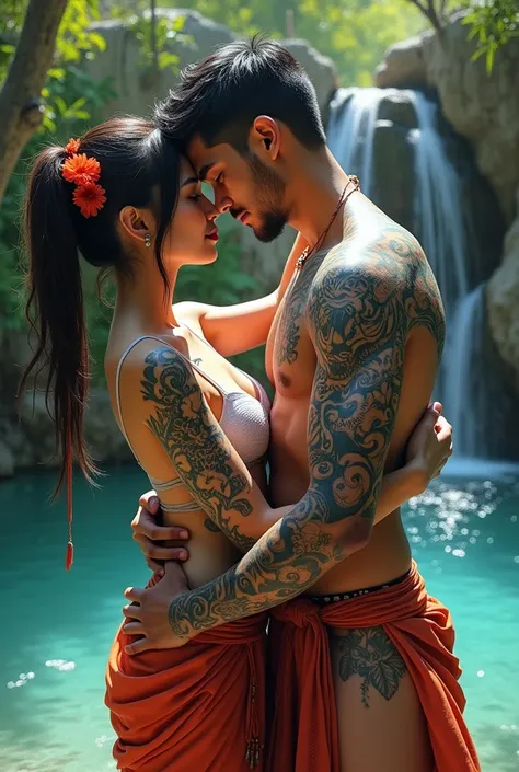 Impressionistic. an Indonesian couple, Asian woman with full body dragon tattoo, making love, Indonesian man with full body white tiger tattoo, wearing sarong grap her. the background is a small waterfall and a very clear pool