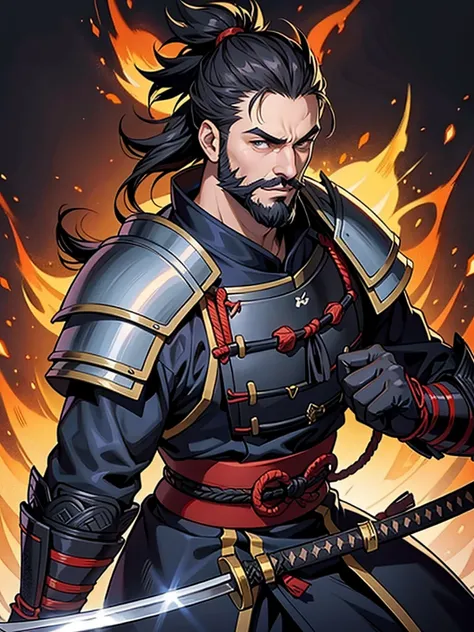 1 man with a beard, in a samurai armor, holding a katana with black flames