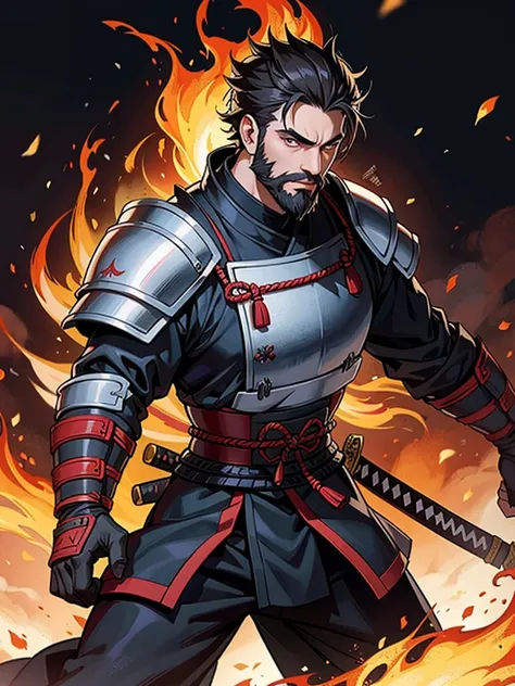 1 man with a beard, in a samurai armor, holding a katana with black flames