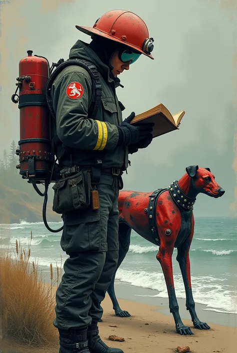 A scribbled sketch of a firefighter in a dark, rugged uniform and helmet, with salamander symbol on helmet, security a flamethrower on the coast and reading a book, next to the mechanical bloodhound. From Fahrenheit 451