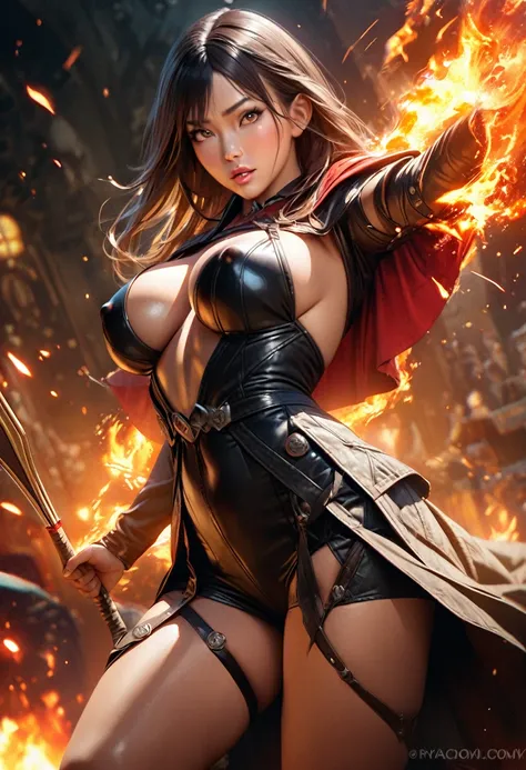 {best quality,4K,8k,highres,masterpiece:1.2),ultra-detailed,(realistic,photorealistic,photo-realistic、looking at the camera}、{Very large breasts、Covered nipples、extremely detailed eyes and face}、Flaming background、(Has a fire element、There are sparks、Holdi...