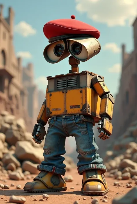 WALL-E with Levis jeans and a red military beret 