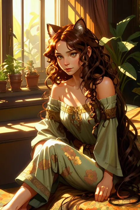 (photorealism:1.2), beautiful woman, cat ears, sitting on bed, wearing loose off-shoulder top, pajama pants, long curly hair, indoors, soft lighting, plants in background, window with sunlight, cozy room, relaxed pose, realistic, intricate details, warm co...