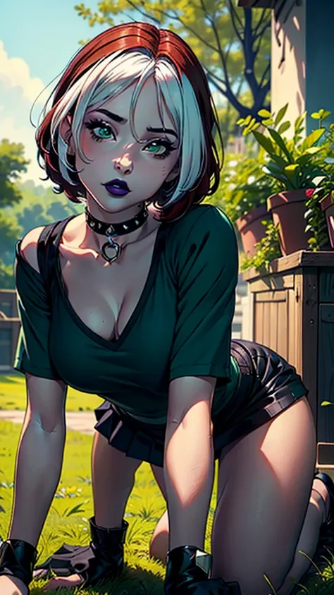 (masterpiece, best quality, ultra-detailed), 1girl, RogueXME, two-tone hair, (red hair), white bangs, green eyes, purple makeup, purple lipstick, choker, studded collar, medium breasts, green shirt, black skirt, mini skirt, all fours, grass, trees