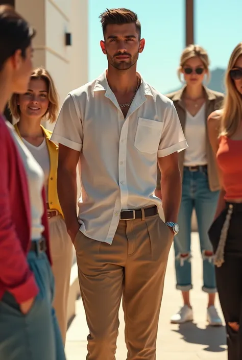 A 2 skinny guy wearing lapel style half sleeves shirt in and the chino style pants standing in day light near the walls looking attractive with many friends in the different colours combinations 