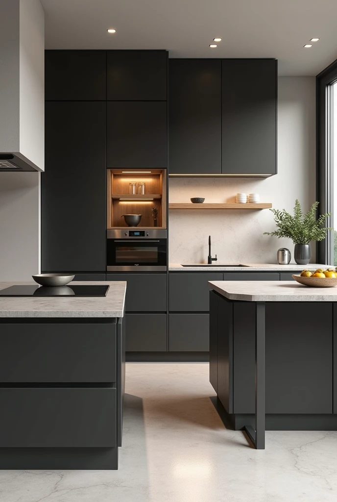 A detail image of exclusive custom furniture in black MDF and wood-effect MDF in a modern, minimalist kitchen 