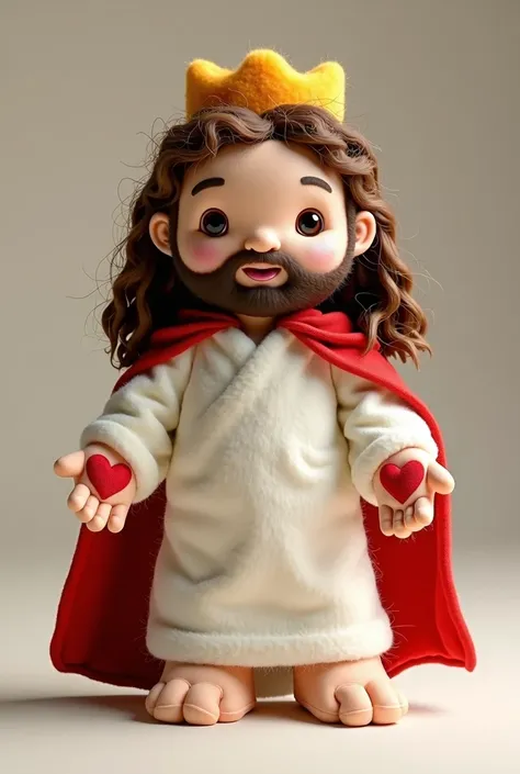 A cute Jesus plush toy, with wool texture, with dark orange eyes, with simple crown, the holes in the hands and feet in the shape of a heart in relief, white outfit, with a red cloak 