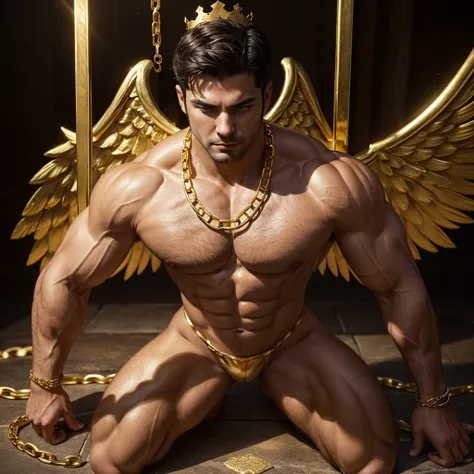 A muscular handsome man is knelt down on knees in a darkest place, a white cloth on his shoulders and back, under which you can see his extremely muscular body, perfect body, large chest, largest pectorals, big nipples, well-defined abs, golden shiny skin,...