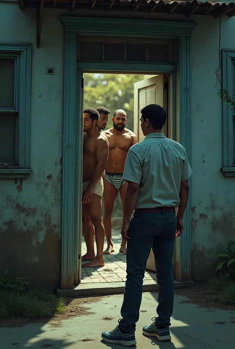 Man reporter in shirt, pants and sneakers outside an old house standing looking through the door of the house puerto rican men standing strong hairy men in their underwear inside behind the door.