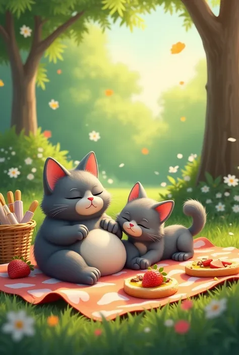 A picnic scene in the garden with a gray chubby cat and his kitten sitting on a blanket, surrounded by snacks and a gentle breeze rustling the trees.