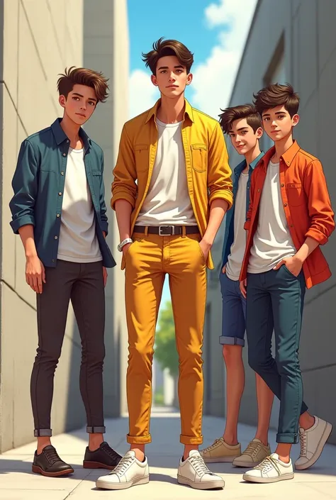 A 2 skinny guy wearing lapel style half sleeves shirt in and the chino style pants standing in day light near the walls looking attractive with many 3 boys friend in the different colours combinations 