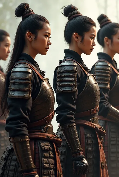 Create an ultra-realistic image featuring four female samurai from feudal Japan, depicted from the waist up in a frontal view. Each samurai should be dressed in traditional, intricately detailed armor, including polished metal plates, leather straps, and s...