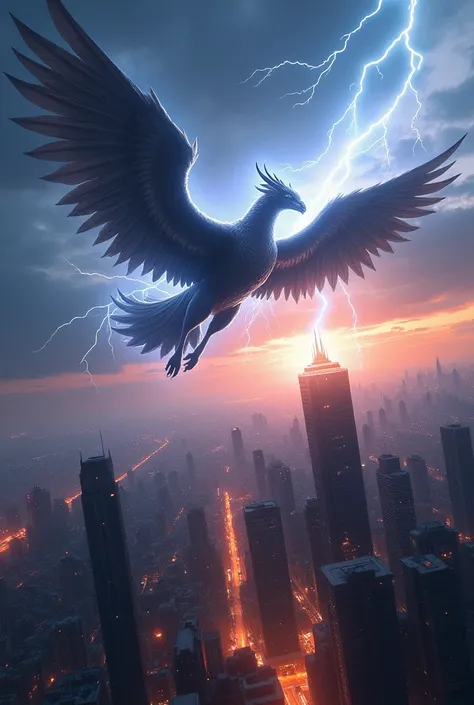 a thunderbolt flying with wings over a city that creates shadow 