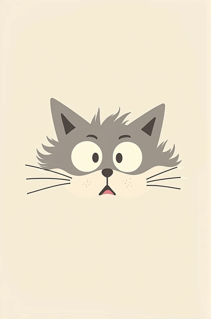 Minimalist cat face cartoon, with very big eyes and disheveled hair