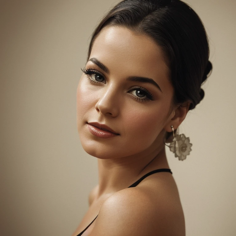 A close-up portrait of a woman jazz musician, inspired by 1950s photography or silkscreen illustration, against a plain white background. She has a sultry gaze, looking directly at the camera. She wears a tight little black dress. The image should have a s...