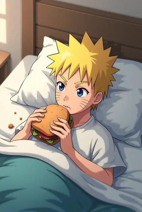 Naruto lying in bed and eating a sandwich