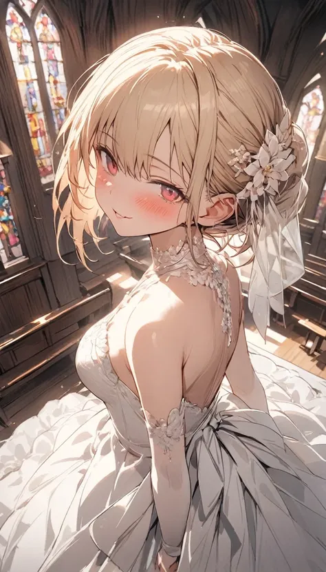 (Highest quality, High resolution, masterpiece:1.2,), figure, noon, Only one girl, whole body, (Wedding dress), Put your arms behind your back, Wait for a kiss, View your viewers, Happy, blush,church,Chapel,Close your eyes and wait,Natural light,from front...