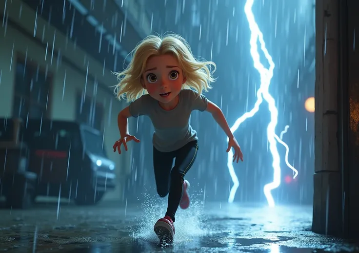 A blonde teenager with light brown eyes wearing a short gray blouse and black pants running away from some rain splashes, she is amazed by the rain and wants to run away as quickly as possible, The girl is going to the right side being in the corner of the...