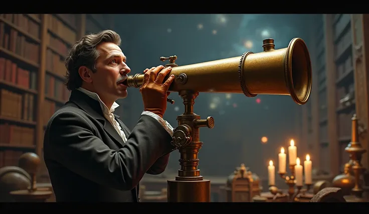 An Enlightenment-era scientist gazing through a telescope at the stars, with a sense of wonder and discovery. The atmosphere should be intellectual and inspiring. --ar 16:9