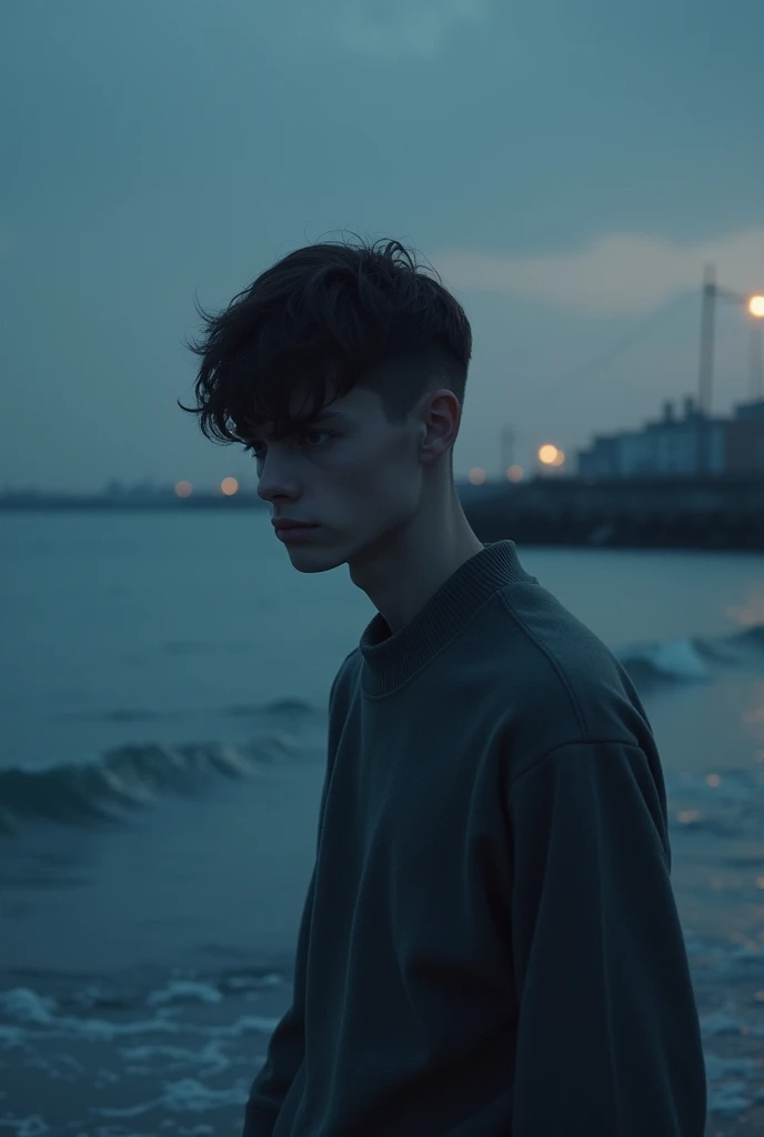 Sad boy near sea at evening