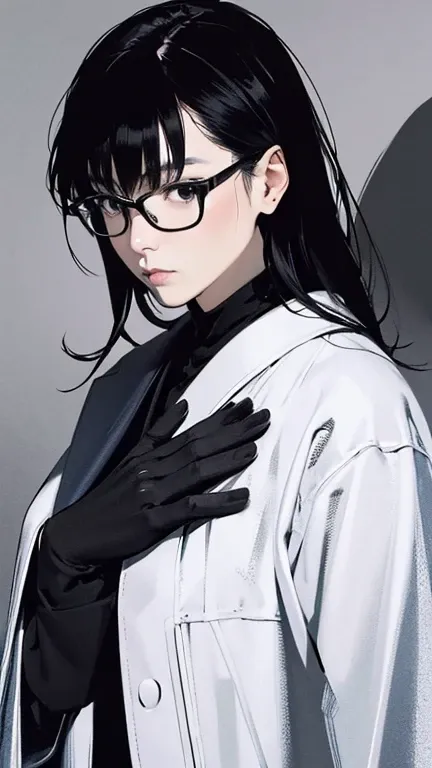 Black Hair、Cold look:1.3、Japanese woman in her 30s、Dark Background、One Cool Lady:1.3、night、whole photo、Dark Eyes、Black gloves、Ominous Machine Lifeform、Nihil、White:1.5、Doctor Woman、Glasses