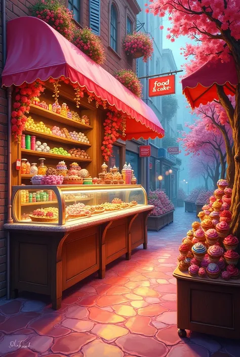 A dazzling and vibrant candy shop, filled with an array of colorful and delicious treats, each more enticing than the last. A sign hanging above reads "Passion" and "Food & Cake". This scene is depicted in a painting, capturing the essence of a sweet parad...