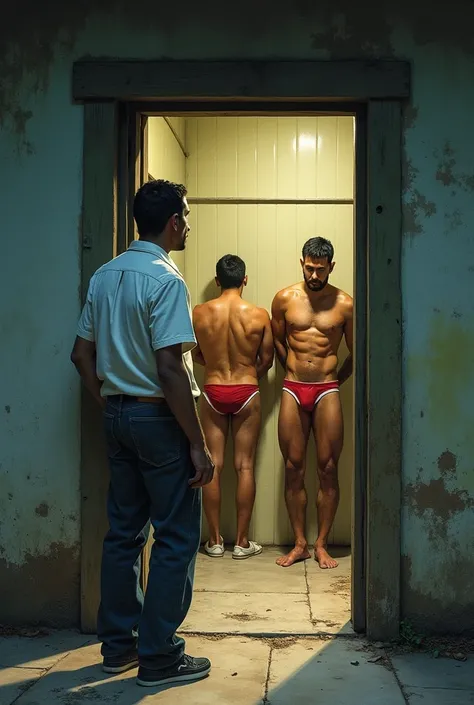 Man reporter in shirt, pants and sneakers outside an old house, looking inside the locker room, leaning against the door, internal view of the house, peeking through the door puerto rican men standing strong and hairy in their underwear taking a shower ins...