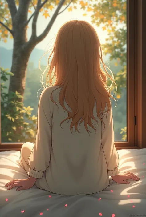 The avatar is looking outside a window, where maples trees are visible, bathed in the soft, twilight sunlight. The avatar is dressed in loose, comfortable pajamas, giving a relaxed and cozy appearance.