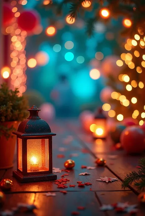 A festive and cheerful photography background, with a combination of sparkling lights of various colors, como azul, rot, green and gold. The setting should have a magical and welcoming atmosphere, with fairy lights hanging, soft and bright lanterns, and a ...