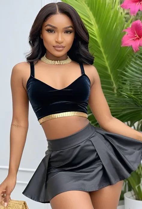 (best high quality:1.5), (8k), extremely detailed, (High details:1.4), Solo, Angolan female with 2, (crop top, micro-skirt), (square-shaped defined pretty face:1.45),