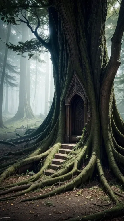 A glowing, secret door in a tree:** A massive, ancient tree with gnarled roots and a thick trunk, partially hidden in the shadowy forest. A small, ornate door is set into the bark, glowing faintly with a mystical light. The door has intricate carvings that...