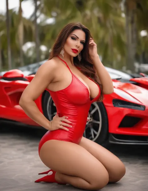 Adult woman milf, thick body, squat position, huge tits and big perky nipples, Red leather tight bikini suit, sexy, big ass tight hip, 15cm high thin stiletto heels, hyper realistic perfect face