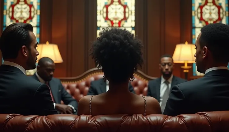 one muslim, one jamaican and one african queen sitting in couches and staring at an executive black woman, in a big office in the style of the godfather movies, stained glass windows at sides
