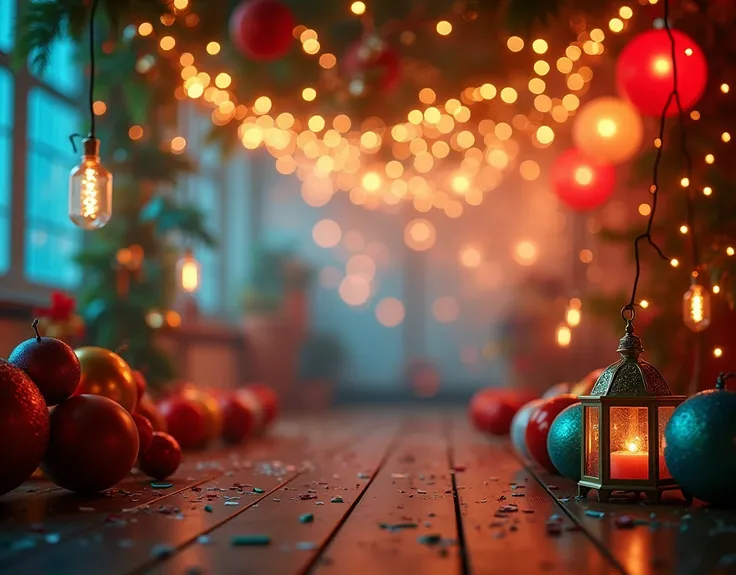 A festive and cheerful photography background, with a combination of sparkling lights of various colors, como azul, rot, green and gold. The setting should have a magical and welcoming atmosphere, with fairy lights hanging, soft and bright lanterns, and a ...