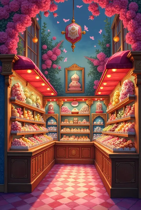 A dazzling and vibrant candy shop, filled with an array of colorful and delicious treats, each more enticing than the last. A sign hanging above reads "Passion" and "Food & Cake". This scene is depicted in a painting, capturing the essence of a sweet parad...