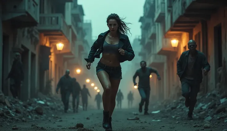 A low-angle, full-length shot of a beautiful woman in sexy clothing running away from zombies on a post-apocalyptic urban street, with rubble and ruins scattered about, a tense and fearful expression on her face, illuminated by the bright glow of flickerin...