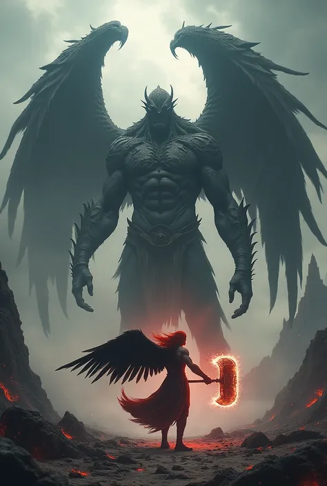 Man with long red hair, black wings and a big red hammer fighting a colossus