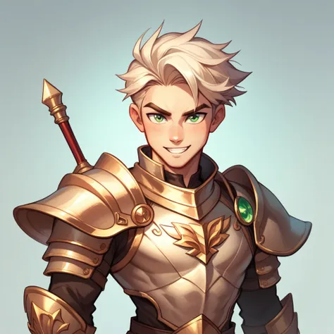 (( toon style ))human male , wearing armor gold knight, whiter hair , solo , green pupils