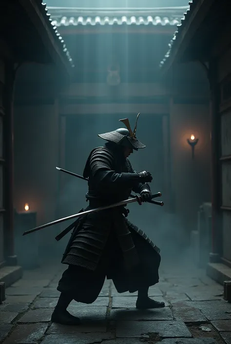 A samurai doing fight in dark room