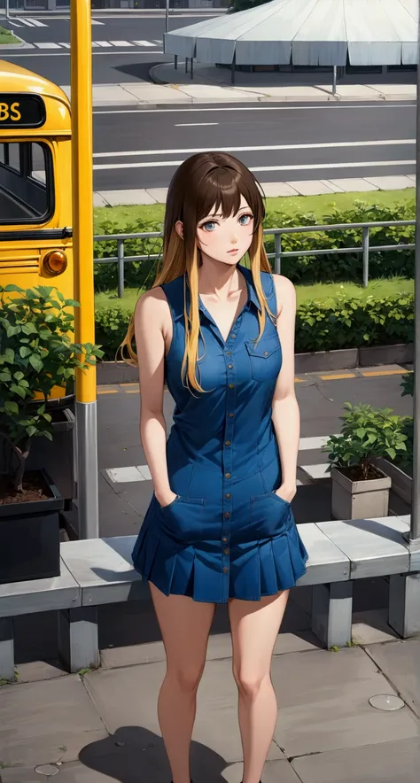 realistic anime illustration of young woman at yellow bus stop, she has brown long straight hair (+multicolored hair, hilighted blonde hair), wears denim sleeveless pencil mini dress, (front view, looking at viewer), (1girl, solo, full body), (masterpiece,...