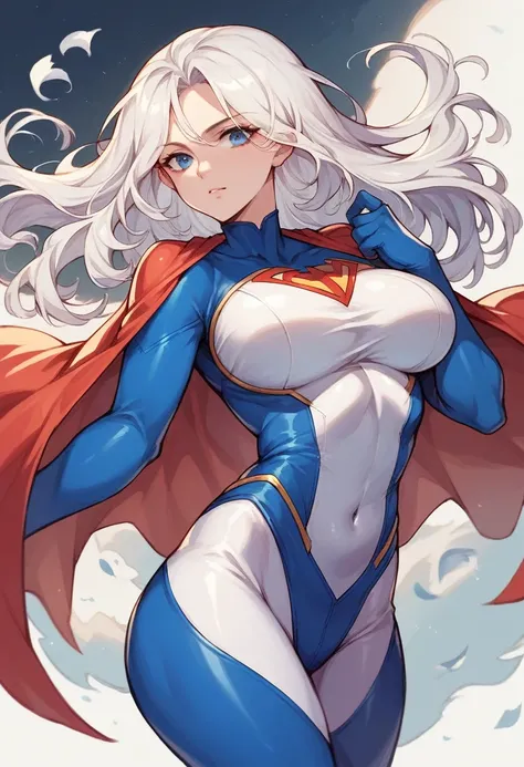 girl, anime, big breast, superhero outfit, strong woman, very beautiful, soft white hair, blue eyes 