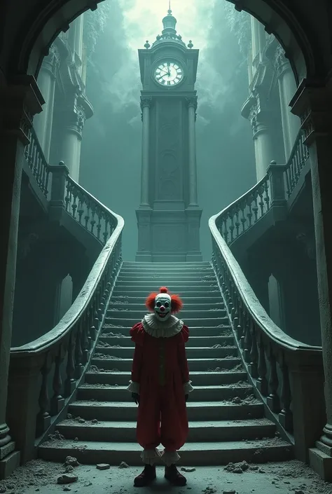 Create an image of a staircase referencing 7 years and a huge stopped clock and a clown looking at death smiling